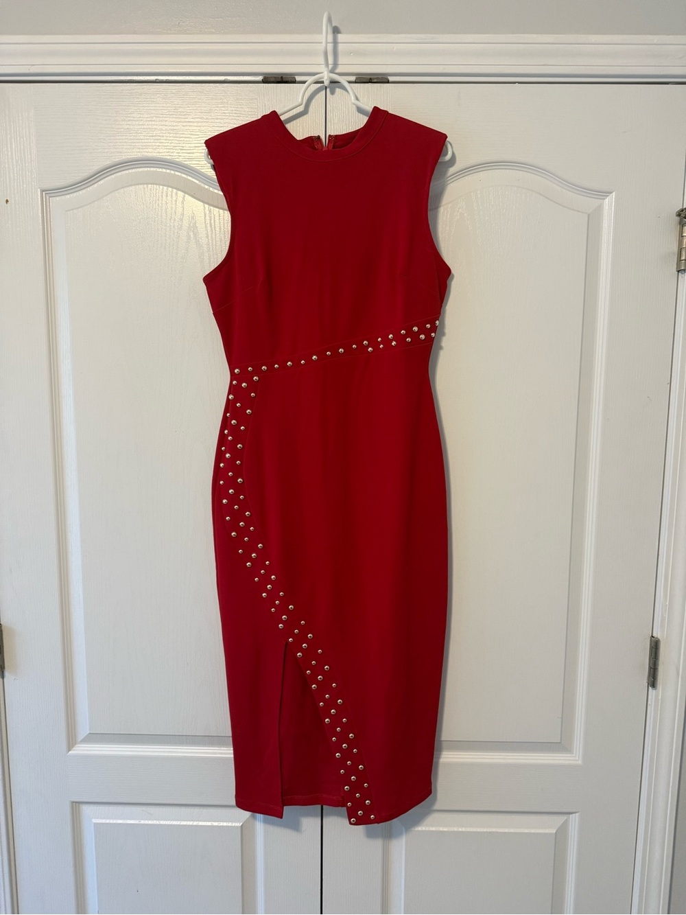 Red Stud-Embellished Sleeveless Sheath Dress